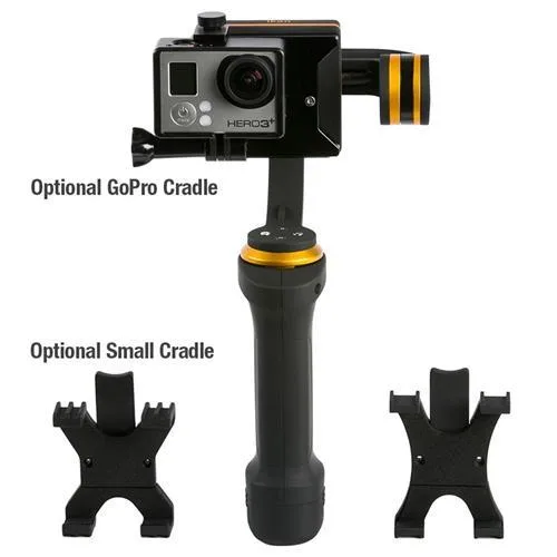 Black handheld 3-axis smartphone gimbal with phone cradle and GoPro mount, matte finish, ergonomic grip