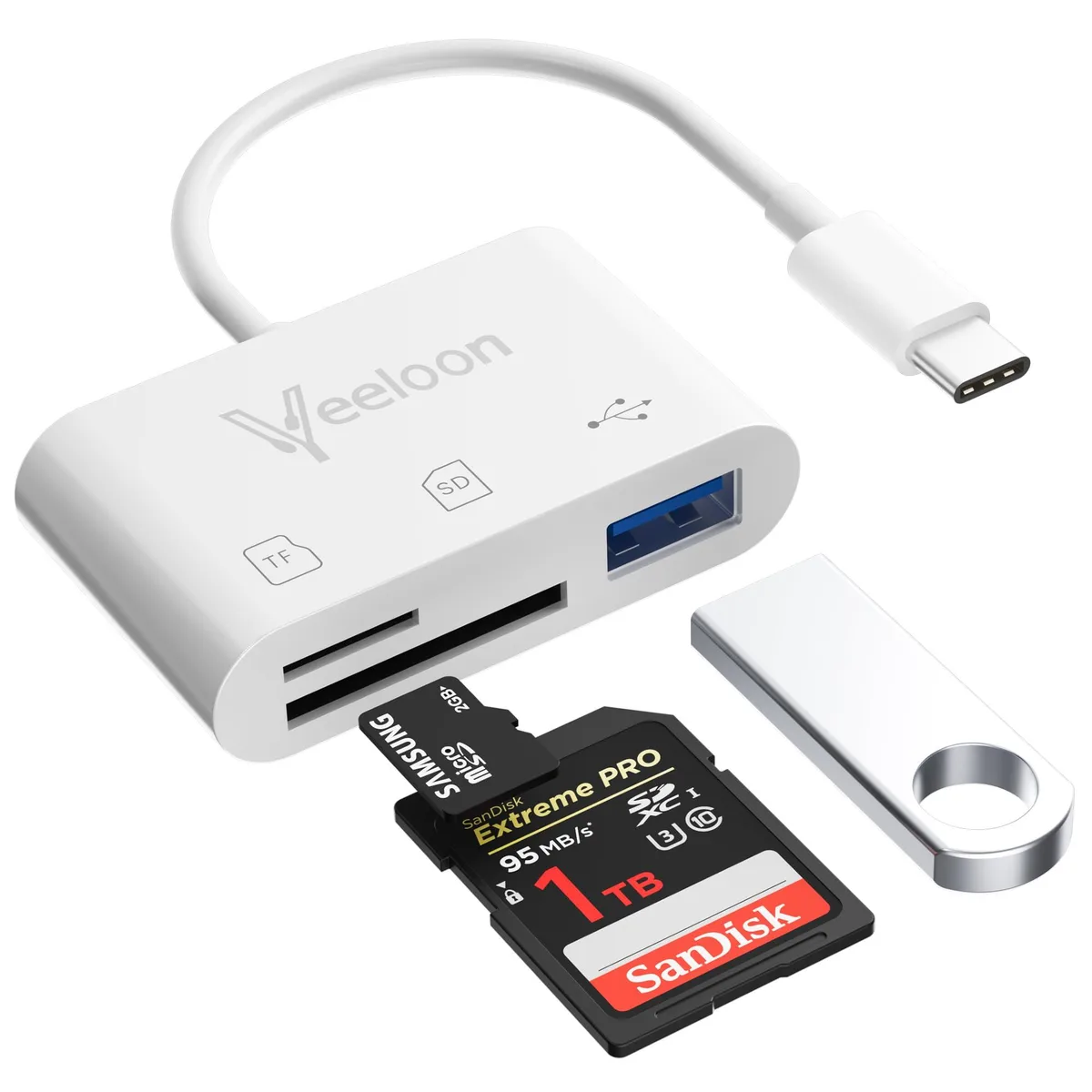 Small rectangular card reader with two card slots and a USB-A port on a short cable