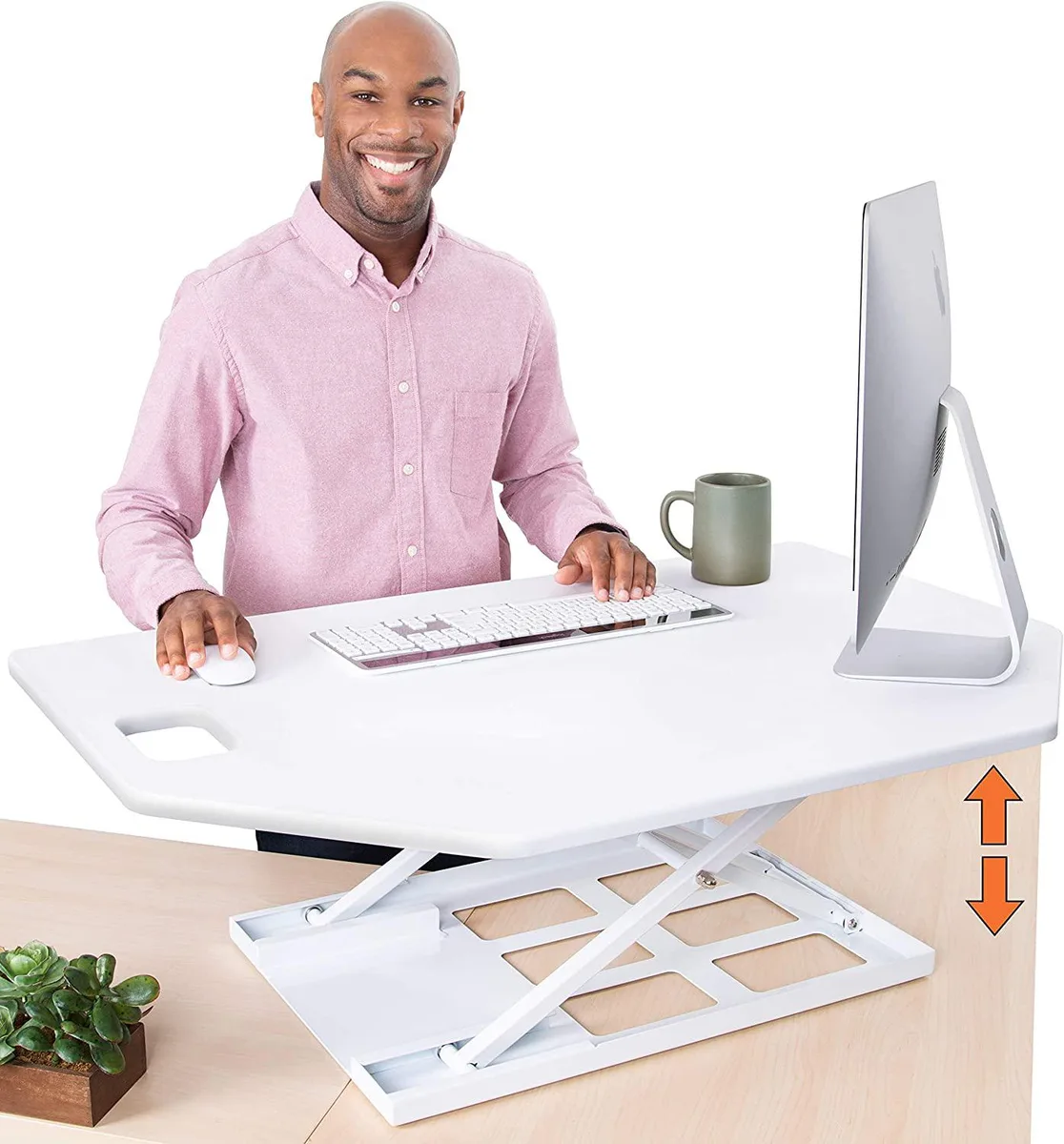 White corner standing desk converter, 40 inch wide, powder-coated steel frame, fully assembled