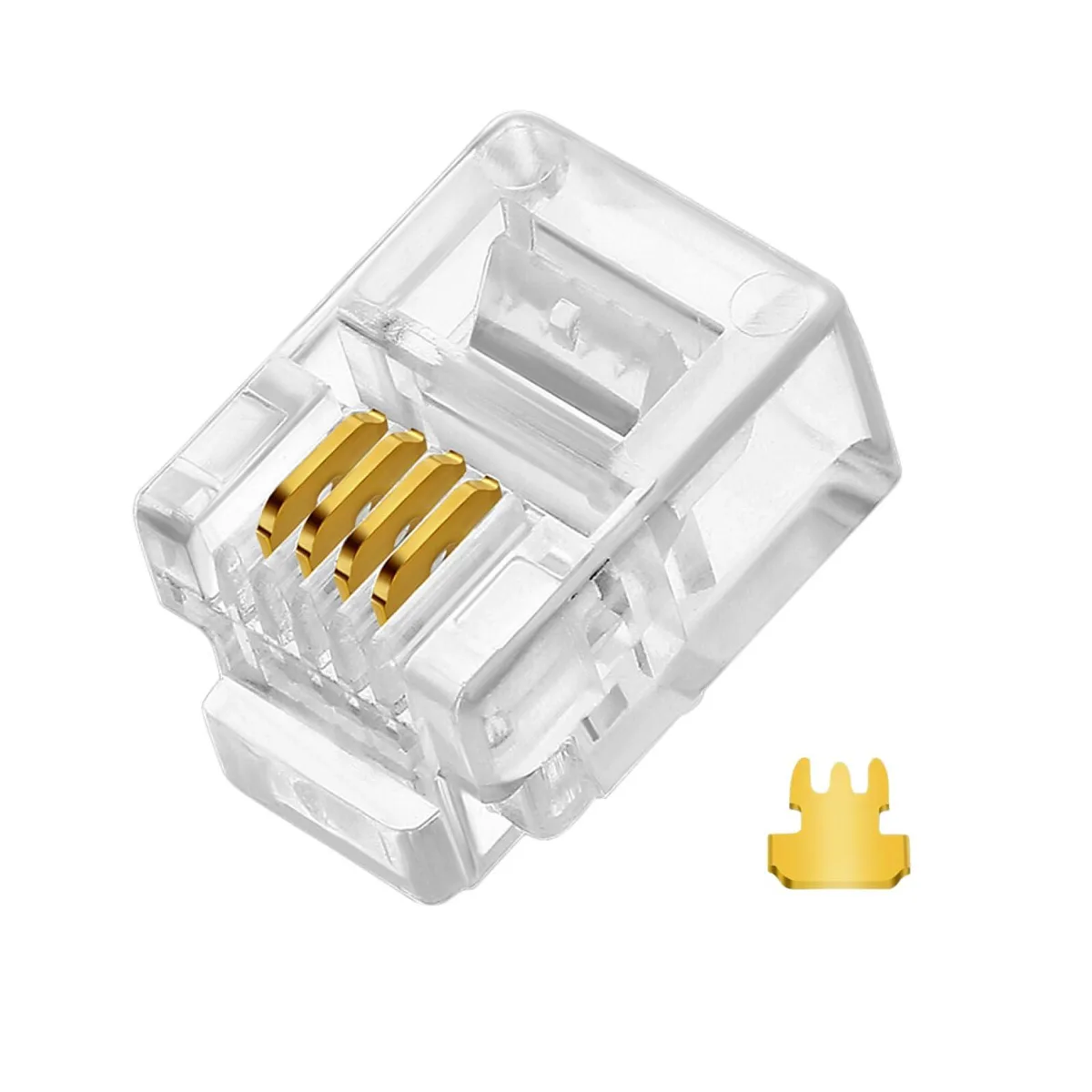 Clear plastic RJ11 modular plugs with gold contacts, 20 pieces