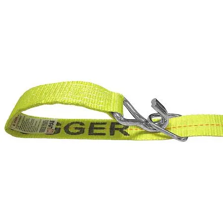 Yellow 2-inch wide polyester ratchet tie-down strap with steel wire-hook and keeper end, 30 ft long