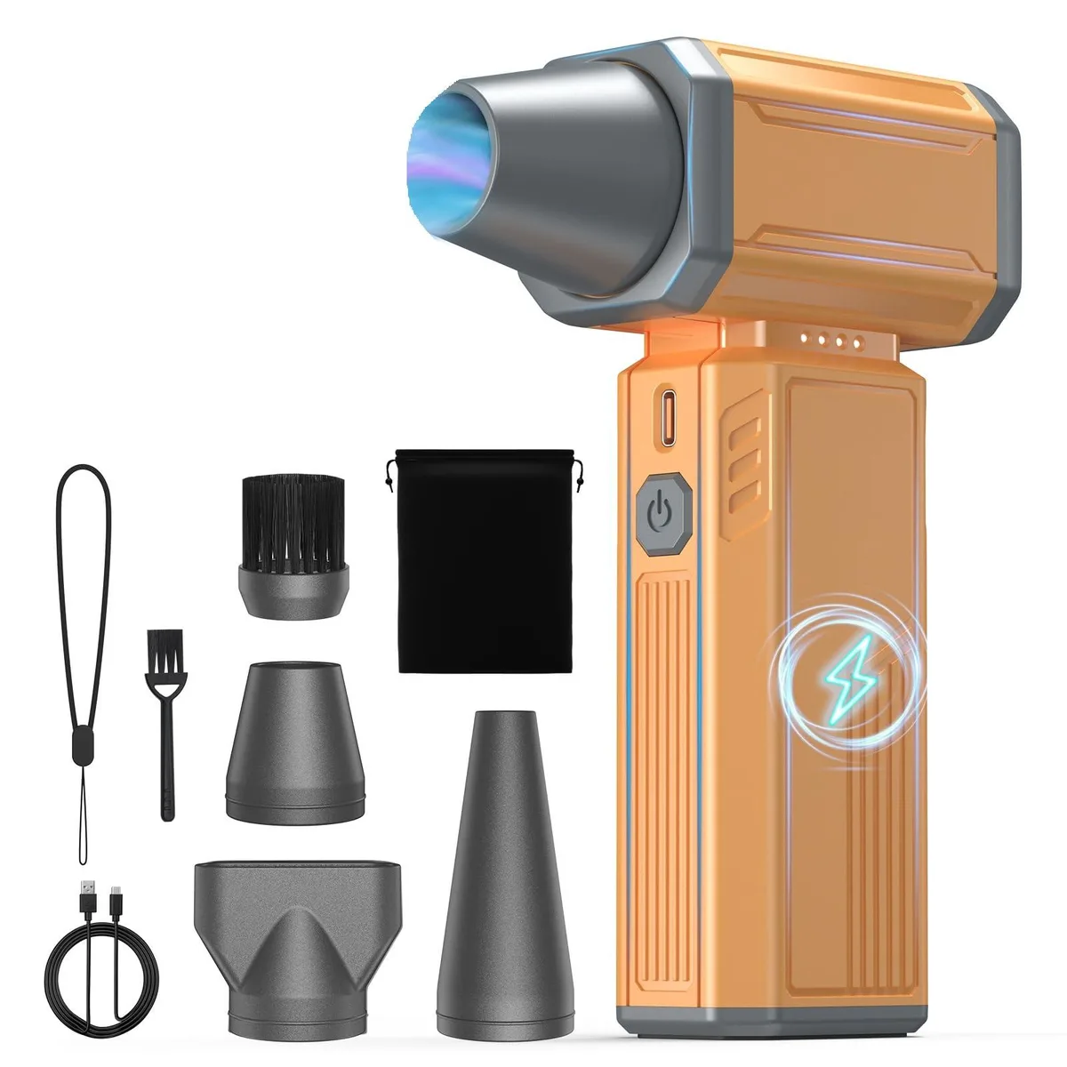 Yellow cordless electric air duster with rechargeable battery and stepless speed control