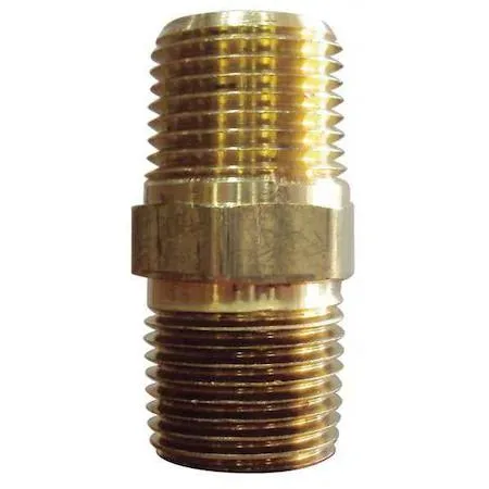 Five brass hex nipples with threaded ends