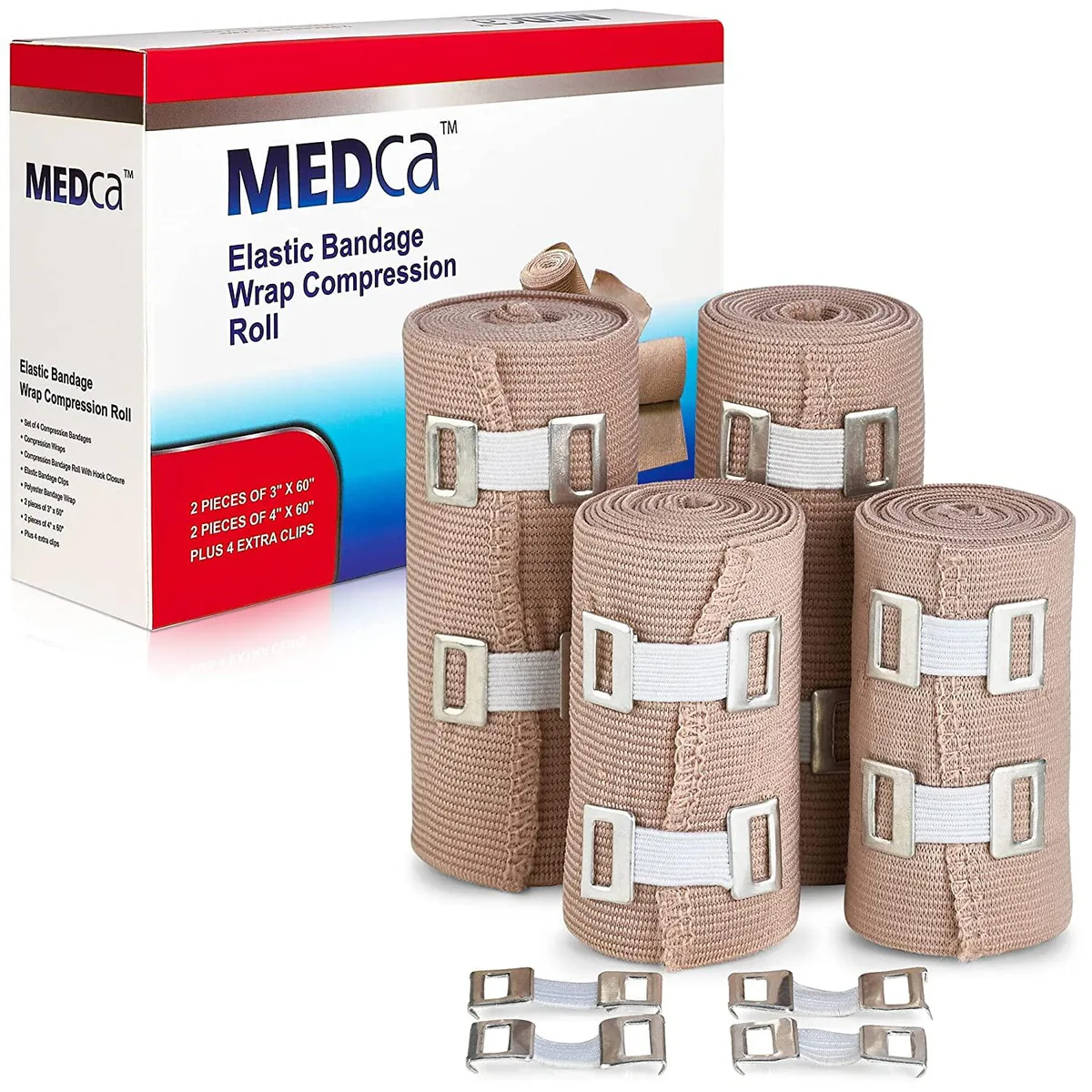 Four khaki elastic compression bandage rolls with metal hooks, rolled and stacked