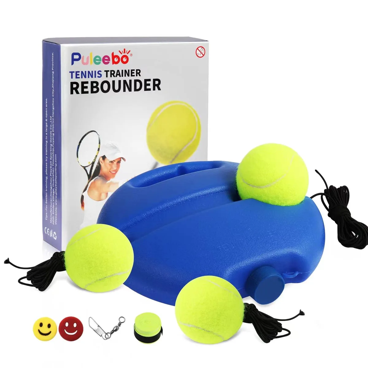 Red tennis trainer base with three tethered balls anti-tangle hook and accessories