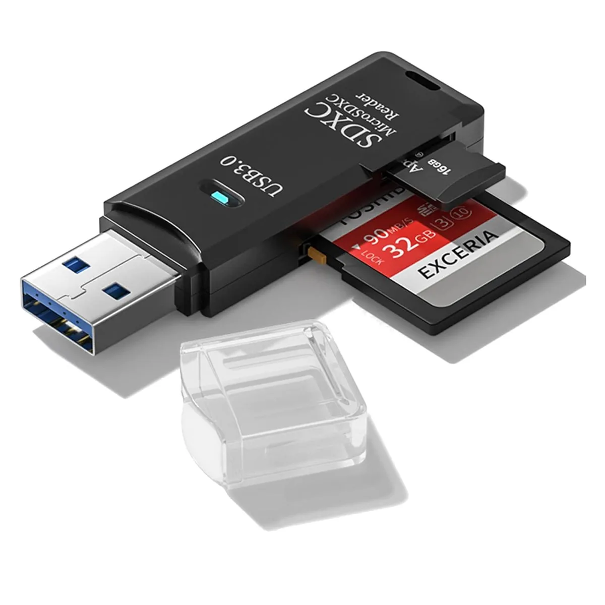 Small black USB 3.0 card reader with SD and microSD slots