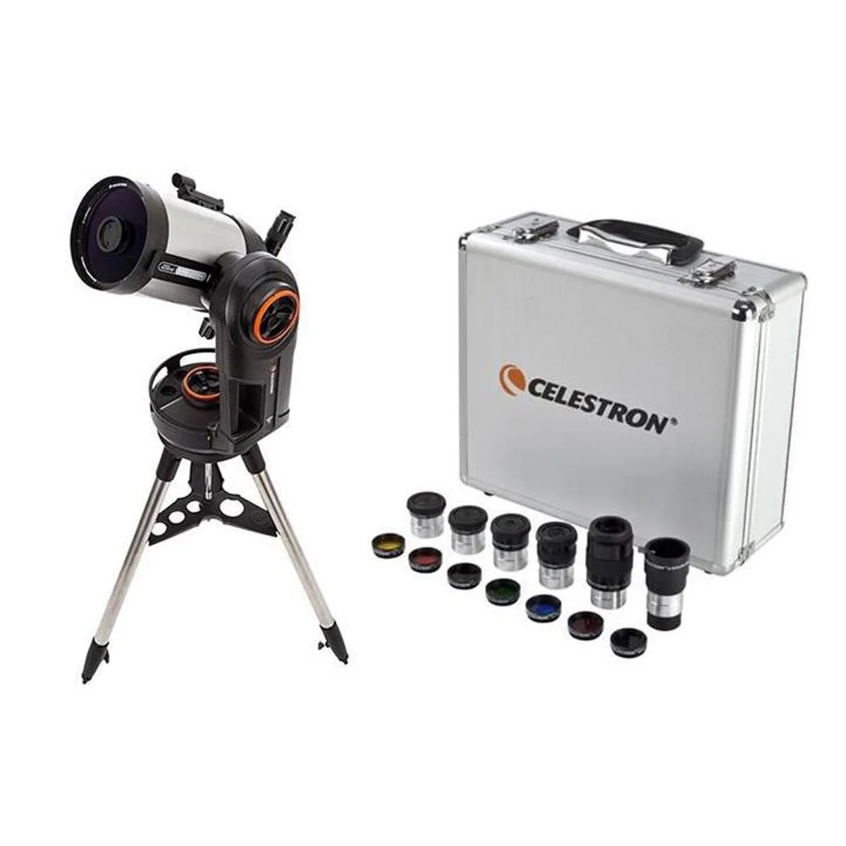 Orange Schmidt-Cassegrain telescope on steel tripod with accessory case