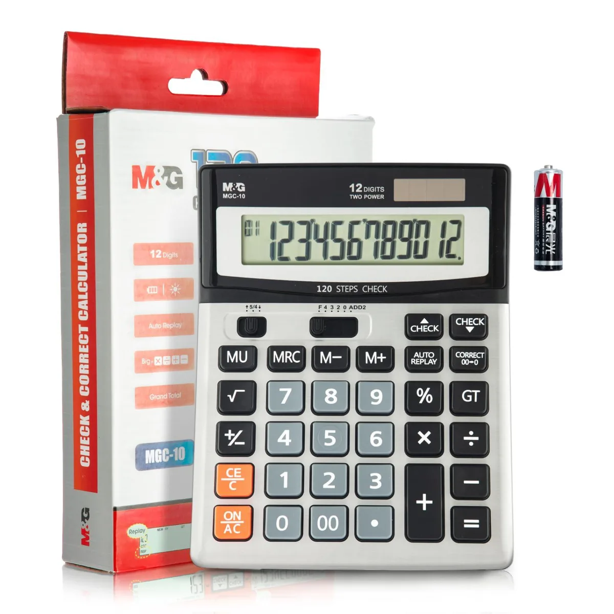 Desk Calculator 12 Digit Extra Large LCD Check Correct Dual Solar Battery — product photo