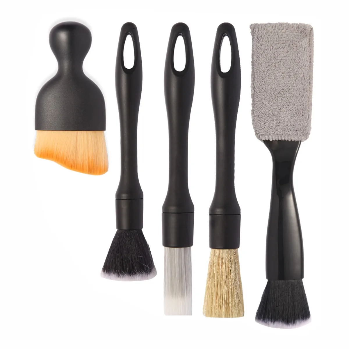 Five-piece car detailing brush set with cleaning gel in rectangular packaging