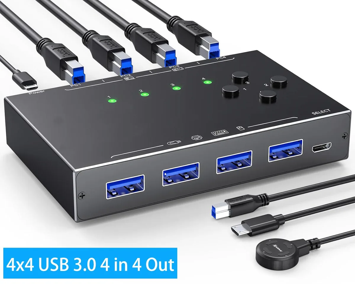 Small black rectangular box with four front ports, four rear ports, LED indicators, wired remote on cable, four USB cables included