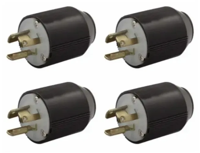 Four black phenolic locking plugs with white terminals, industrial grade