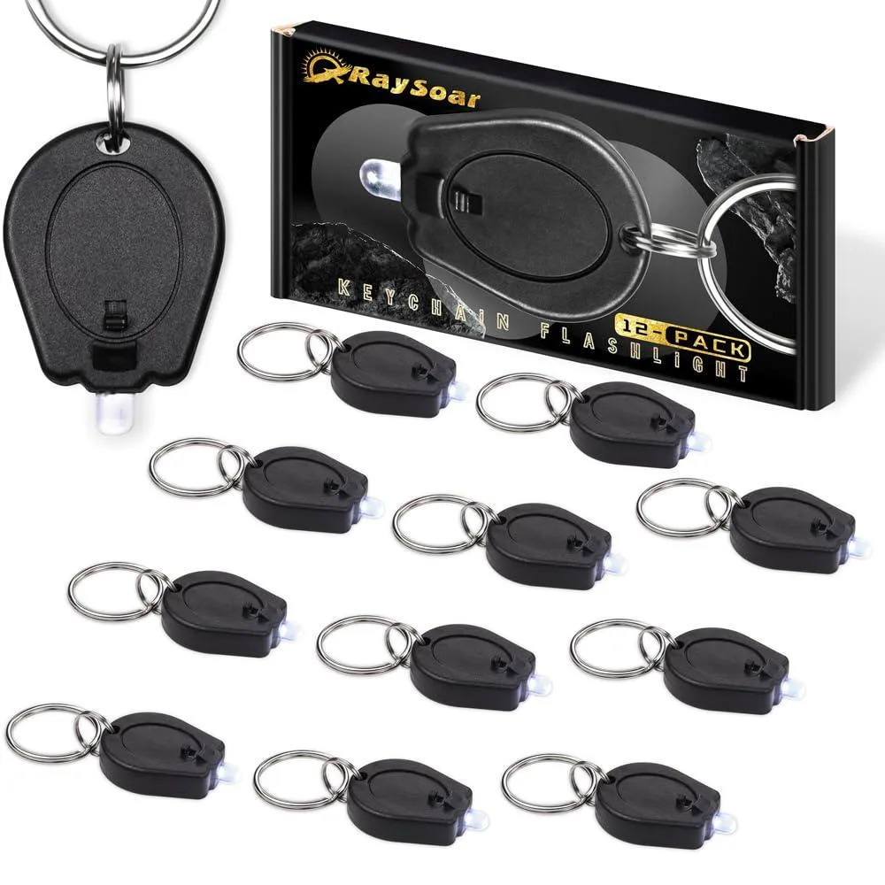 Twelve small rectangular white plastic keychain flashlights with attached key rings, shown together in a group