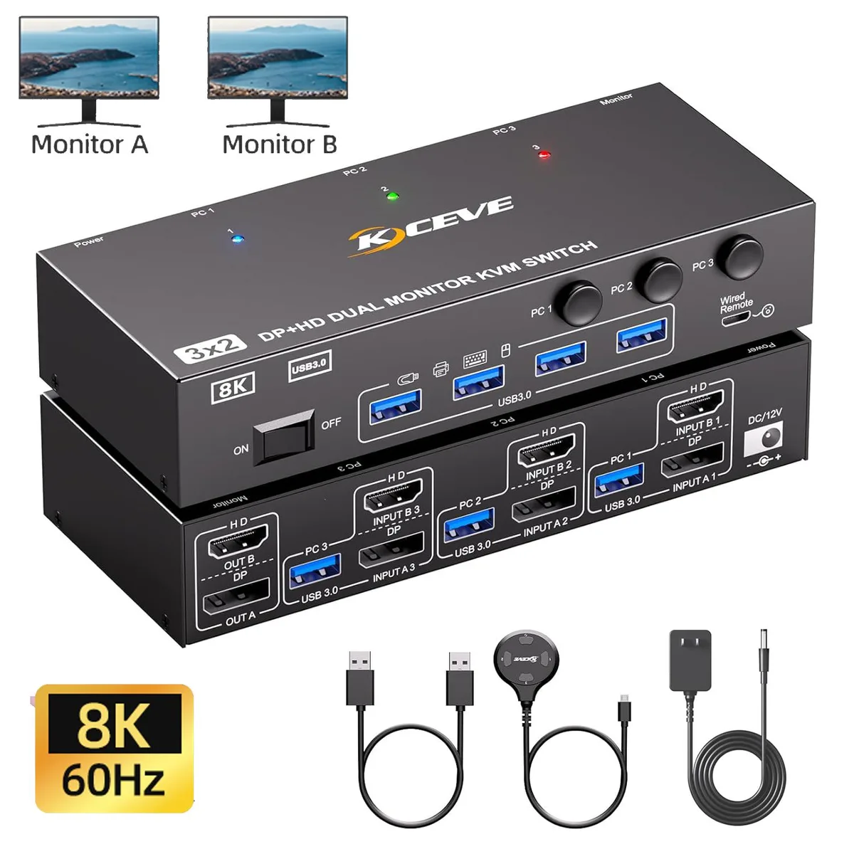 AUTYUE AUTYUE KC-302DH 3-PC 2-Monitor HDMI DP KVM Switch — product photo