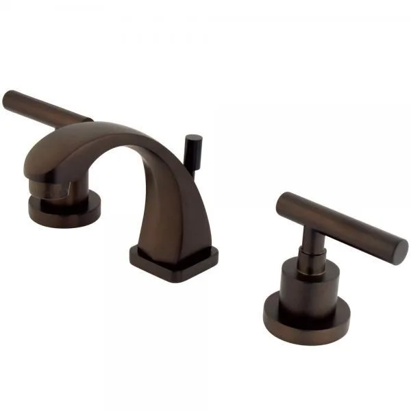 Oil-rubbed bronze two-handle mini-widespread faucet with brass pop-up