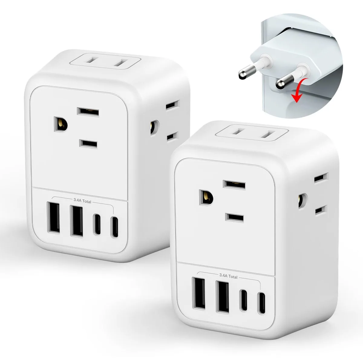 White two-pack European travel adapters with foldable Type C plugs, four AC outlets and four USB ports