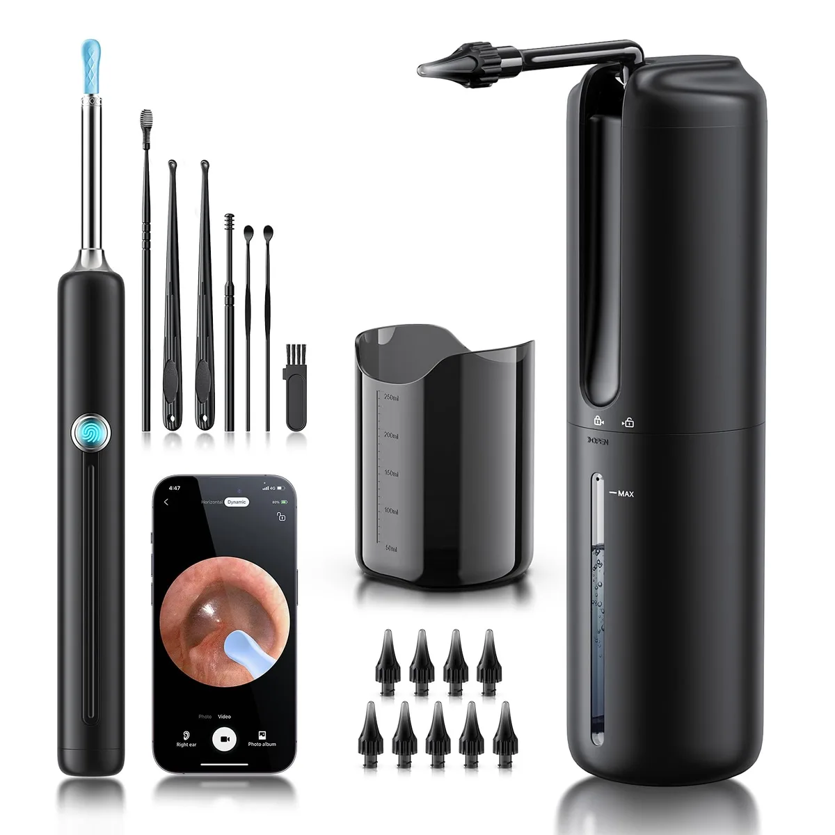 Black electric ear irrigation device with camera tip and accessory set