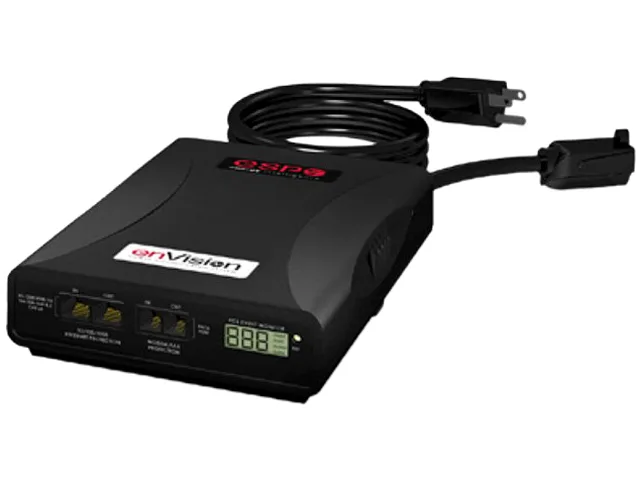 Rectangular black metal power conditioner with NEMA 5-15P plug and three NEMA 5-15R outlets