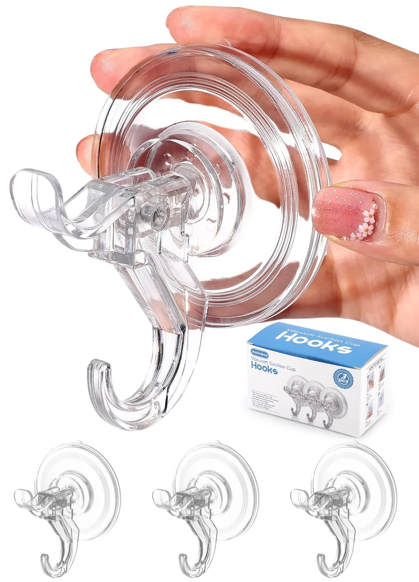 Clear dual suction-cup hooks, transparent plastic, 11 lbs 158°F