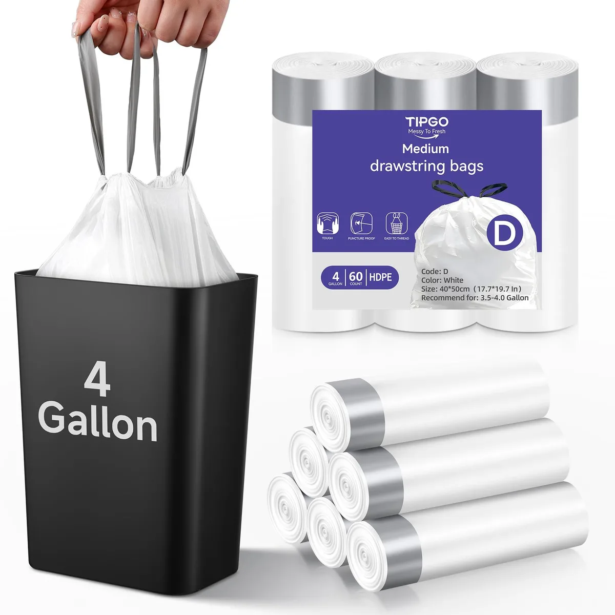 White plastic drawstring trash bags in a cardboard box