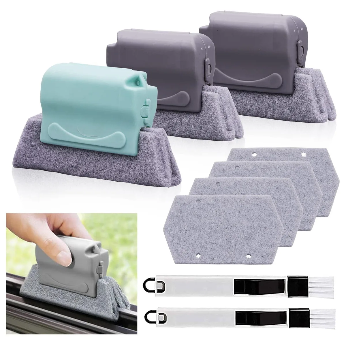 Nine-piece cleaning kit with brushes and sponges for window tracks and small gaps