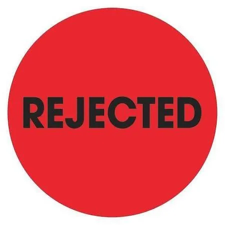 Roll of fluorescent red circular "Rejected" labels, 2 inch diameter