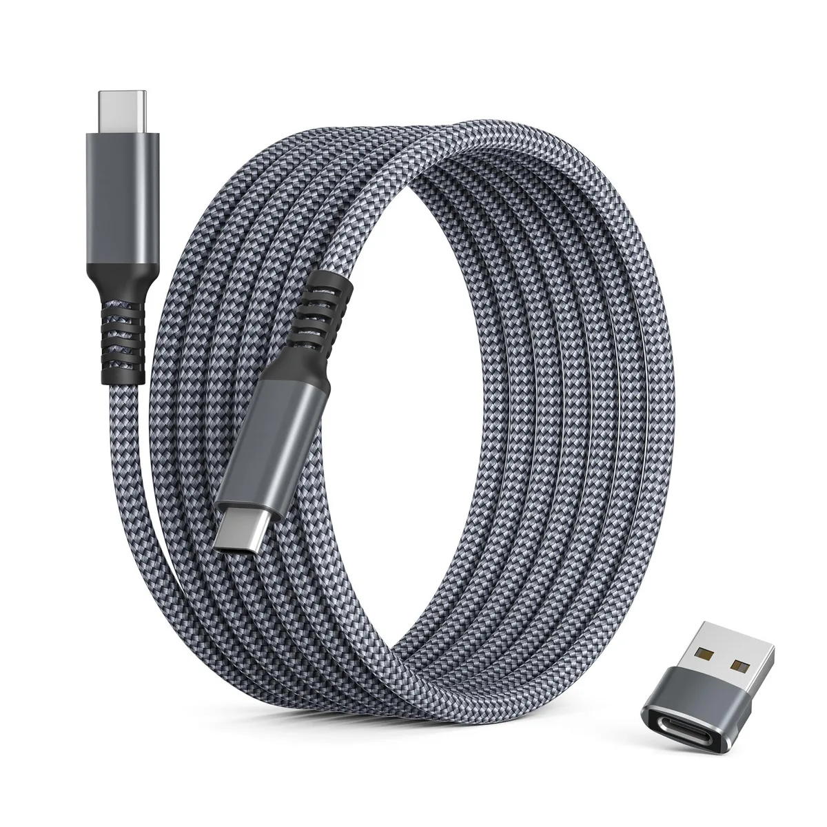 Orange nylon-braided USB-C to USB-C cable with USB-A adapter, 10 ft