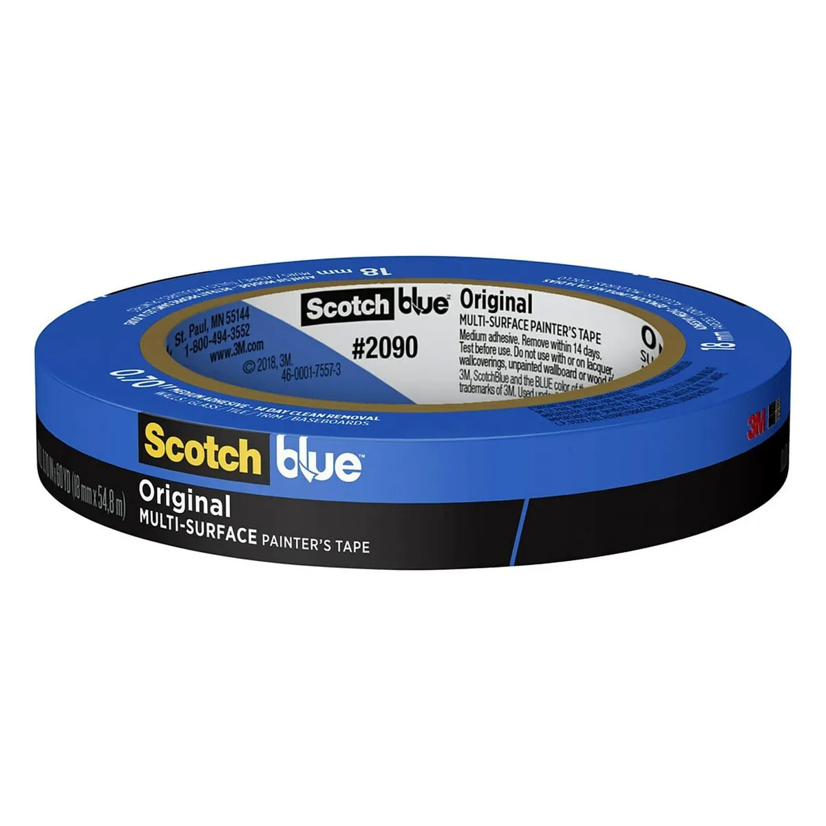 A single roll of blue painter's tape on a white core, .70 inches wide, 60 yards long