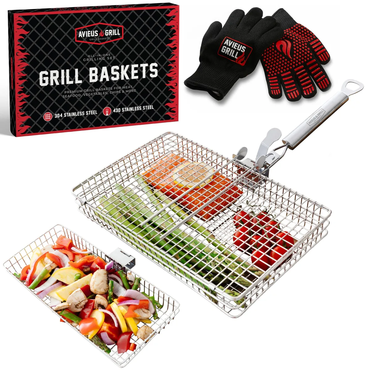Two rectangular stainless steel grill baskets with detachable handles and a pair of BBQ gloves
