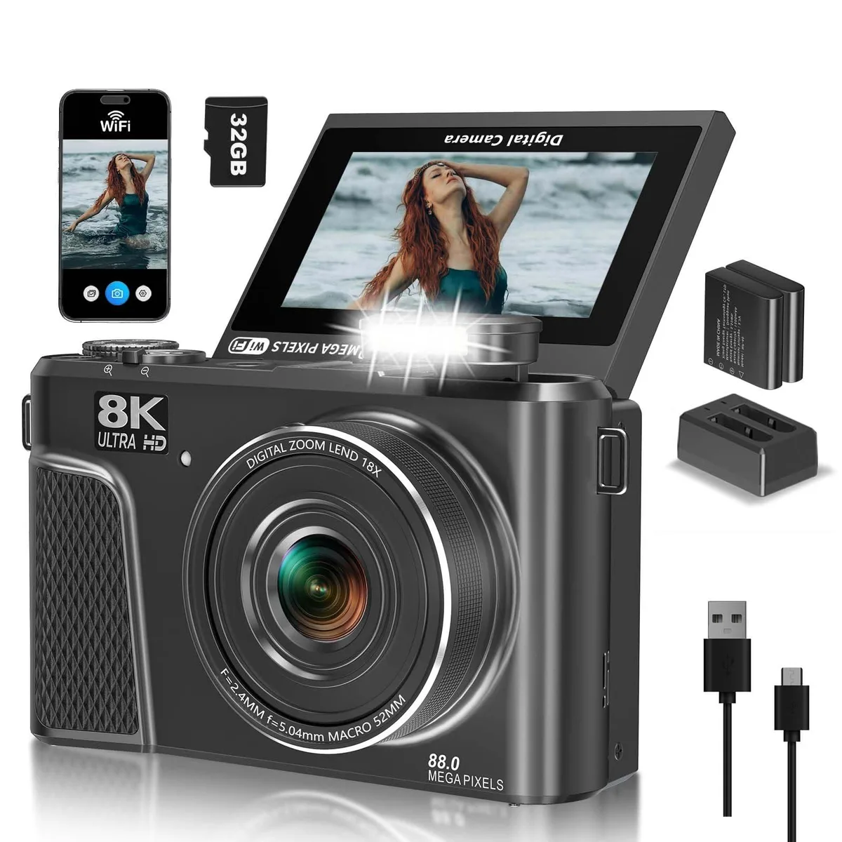  Saneen WD300 88MP 8K Camera Kit Gunmetal 32GB 2 Batteries — product photo