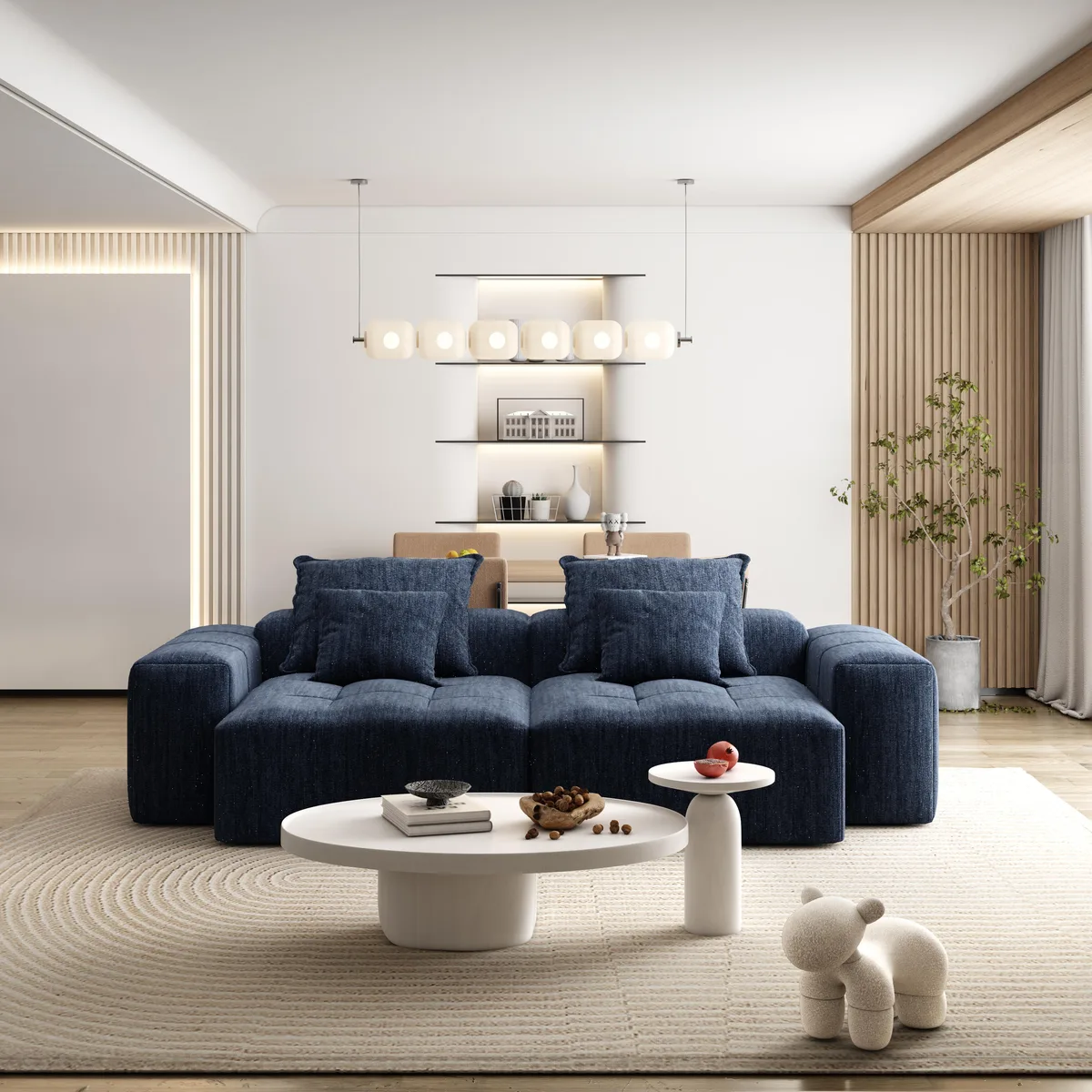 Blue modular sectional sofa with two chaise lounges, two armrests and sparkling chenille fabric