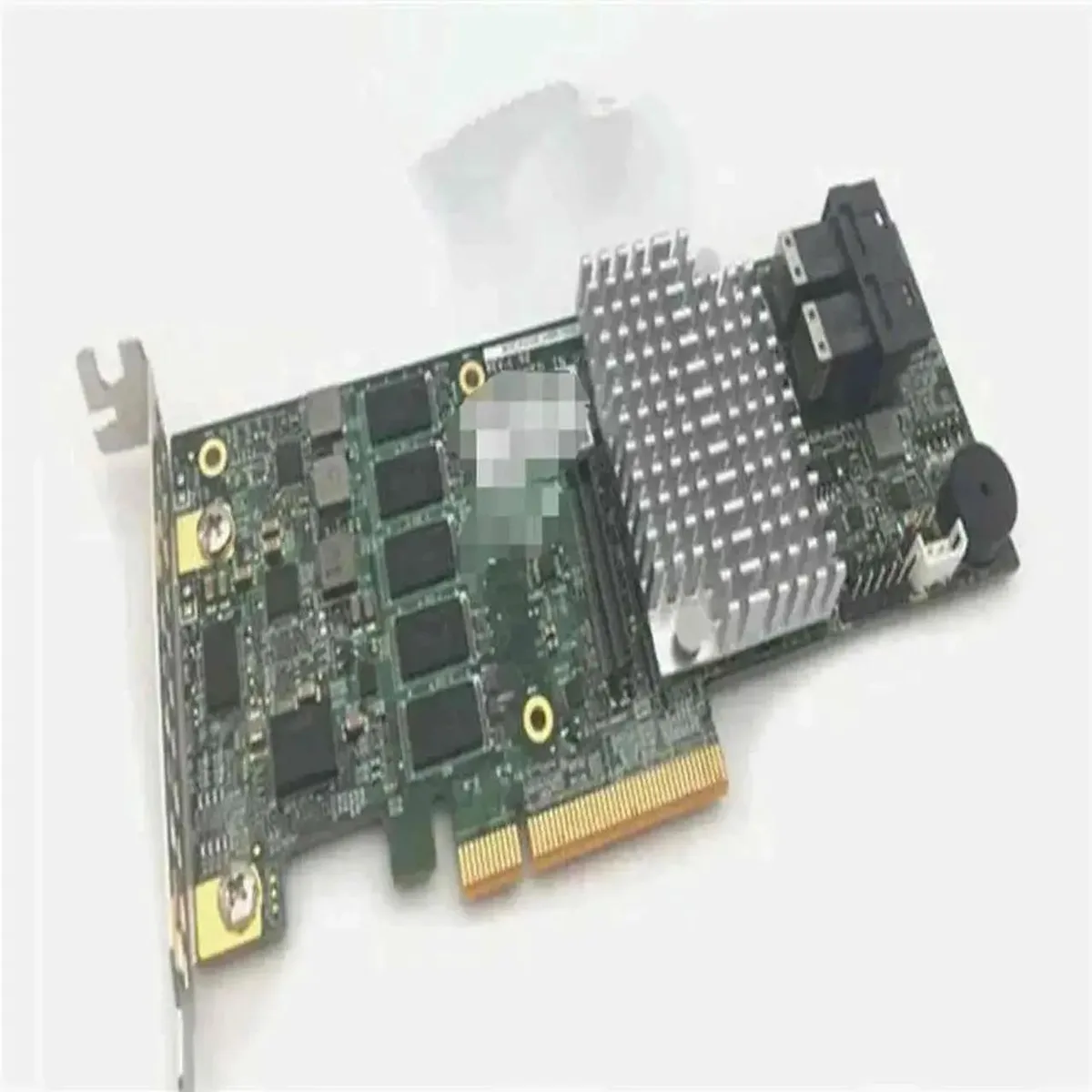 Green printed circuit board with silver PCIe edge connector and black mini-SAS ports, full-height metal bracket