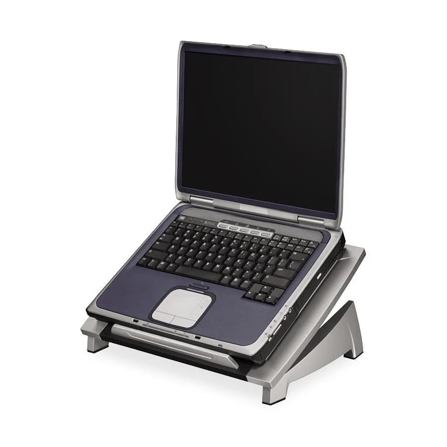 Black adjustable laptop riser stand with front stabilizing edge
