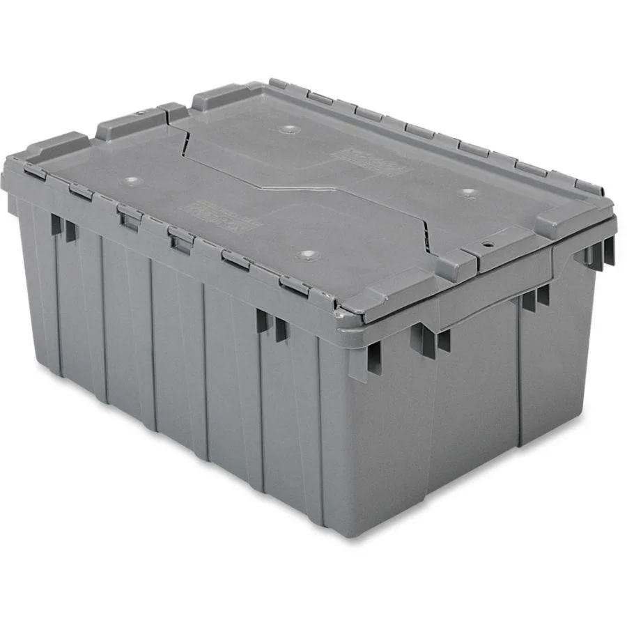 Gray plastic storage box with attached hinged lid, molded handles, padlock eyes, stackable design, textured bottom, 21.5 by 15 inches