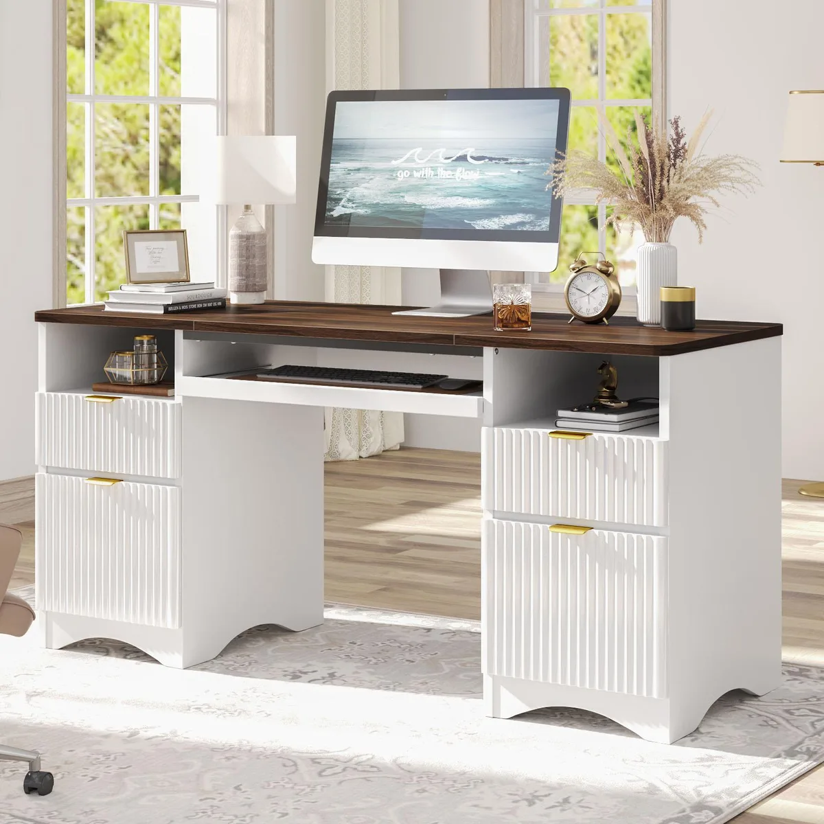 Bestier Bestier 59" Executive Office Desk with Drawers Grey Washed Walnut — product photo