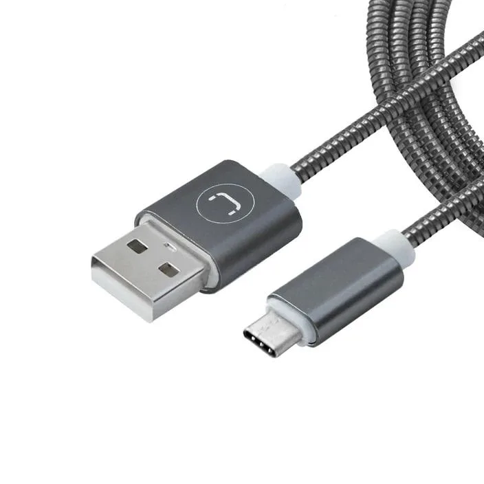 Grey stainless steel USB Type C cable with metal connectors, one metre long