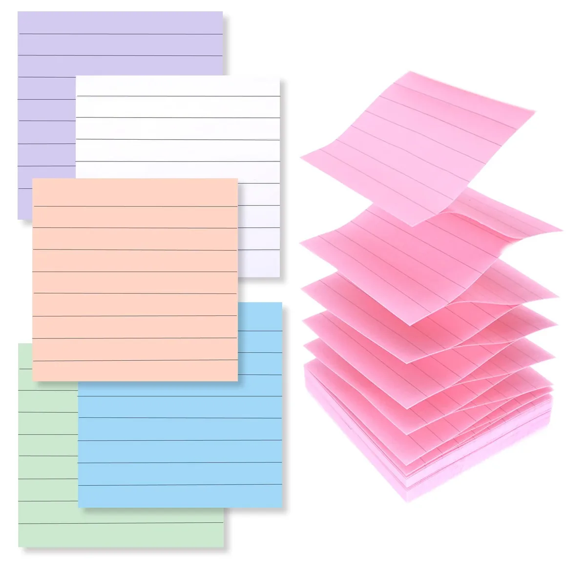 Six square pads of lined sticky notes in pastel pink, orange, white, green, blue and purple, pop-up dispenser style