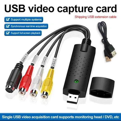 Black rectangular USB 2.0 capture box with RCA and S-Video inputs, 12 cm cable