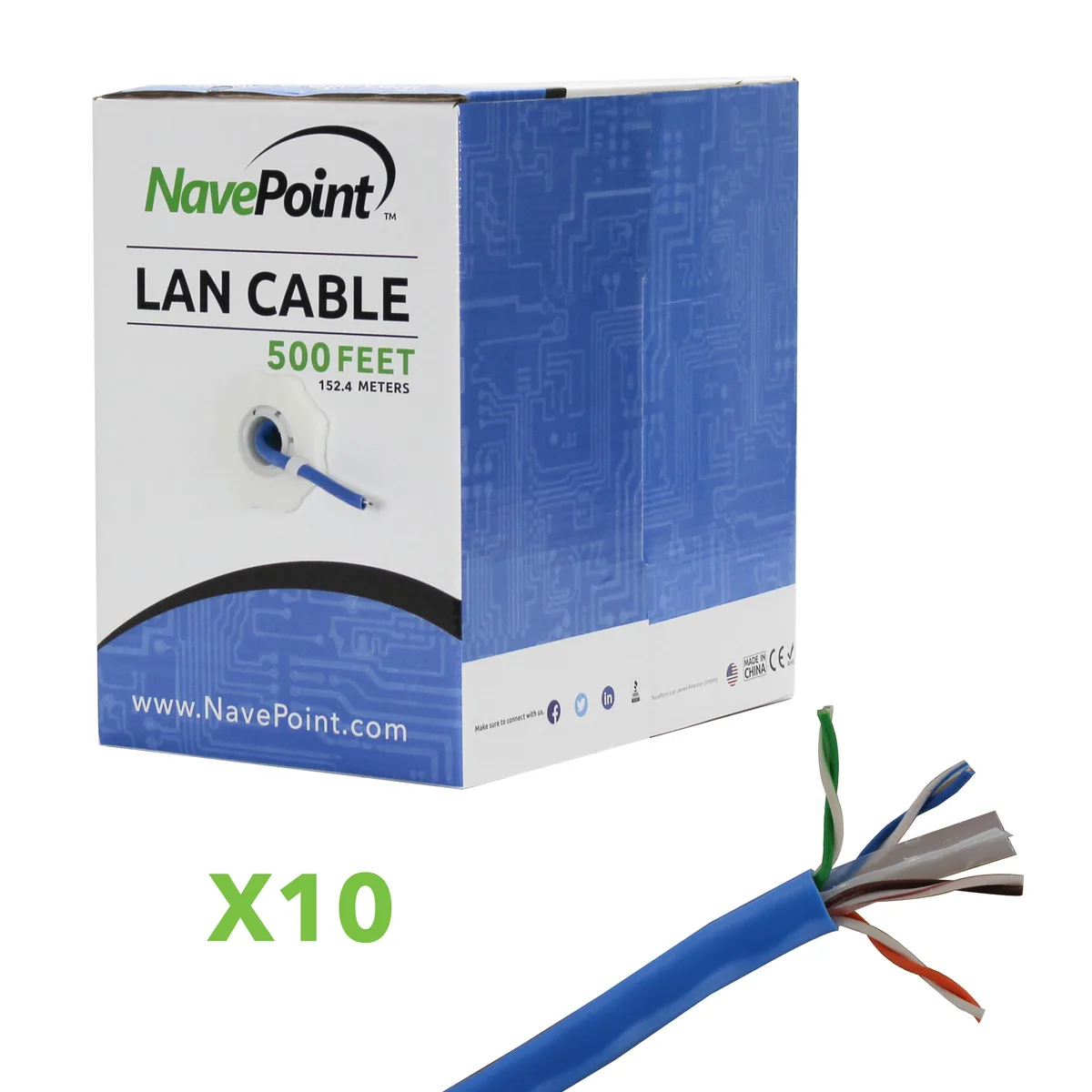 NavePoint NavePoint CAT6 CCA UTP Bulk Cable 500 Ft 10-pack Blue — product photo