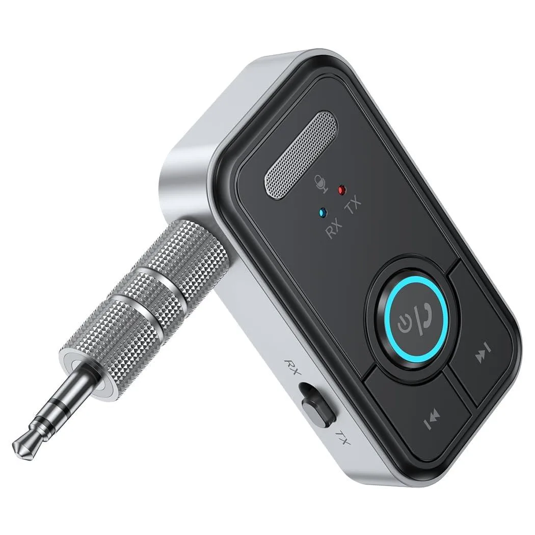 Small rectangular Bluetooth 5.4 adapter with 3.5mm jack, matte black finish