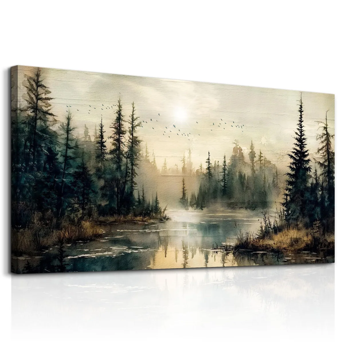 Framed canvas print of a forest river landscape, 40 by 20 inches