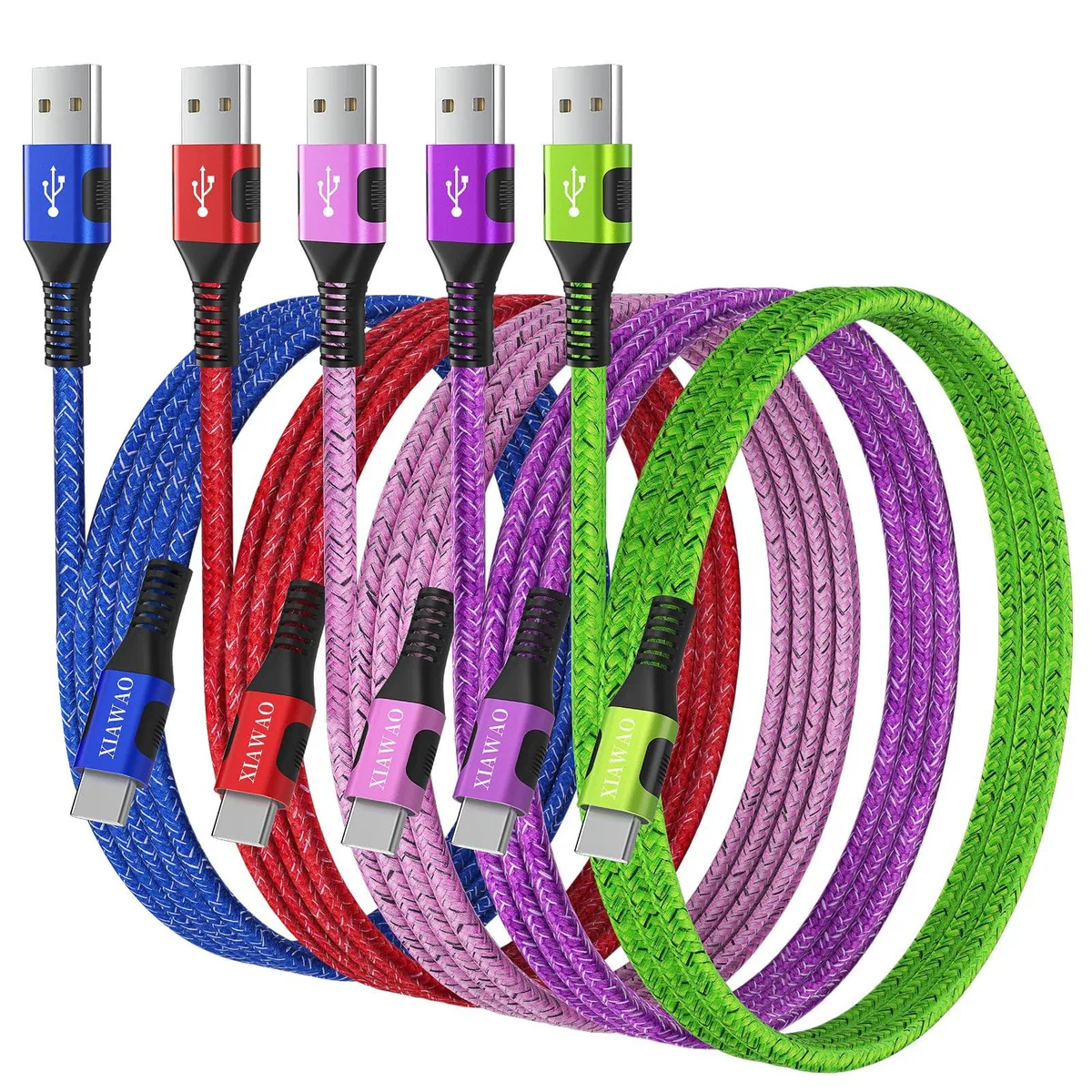 Five braided USB-A to USB-C cables in assorted colours, each three feet long