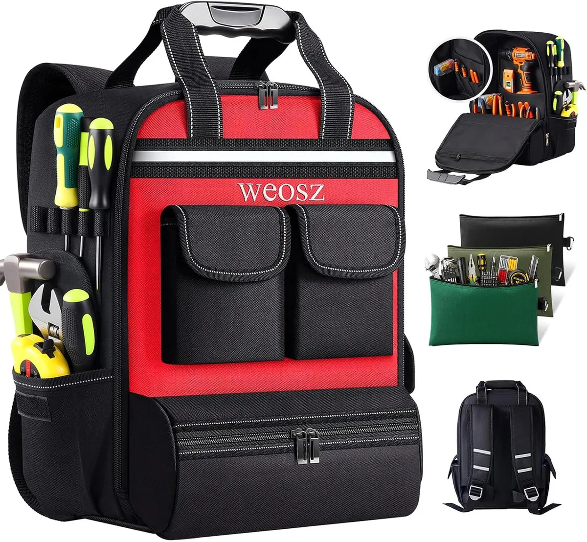 Red 18-inch tool backpack, 1680D fabric, wide-opening double zipper, 18 pockets, padded shoulder straps