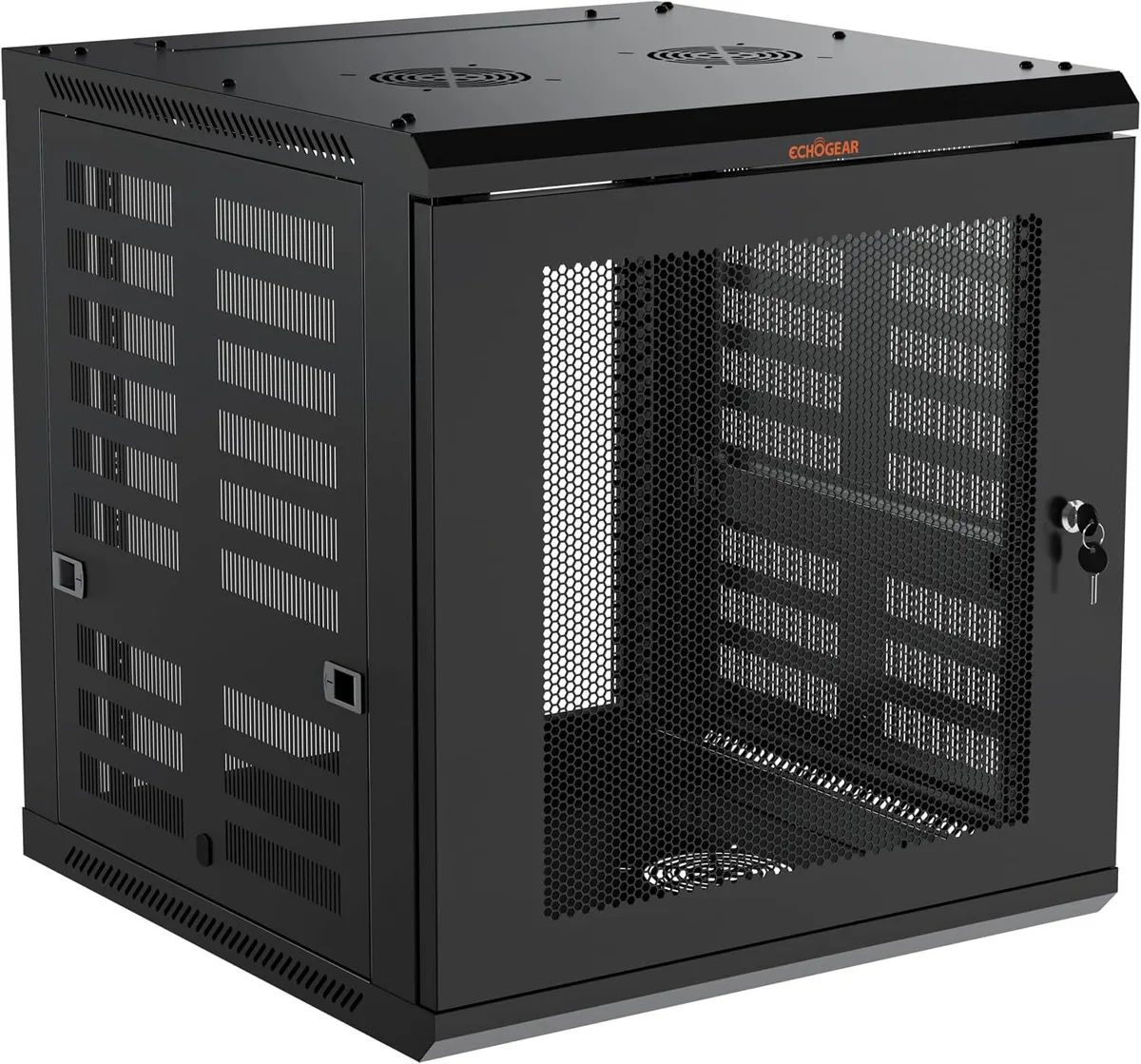 Black enclosed wall-mount server rack with lockable front door, vented side panels, two shelves and pre-mounted fans