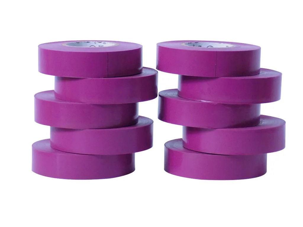 Ten purple PVC electrical tape rolls in individual cello wrap