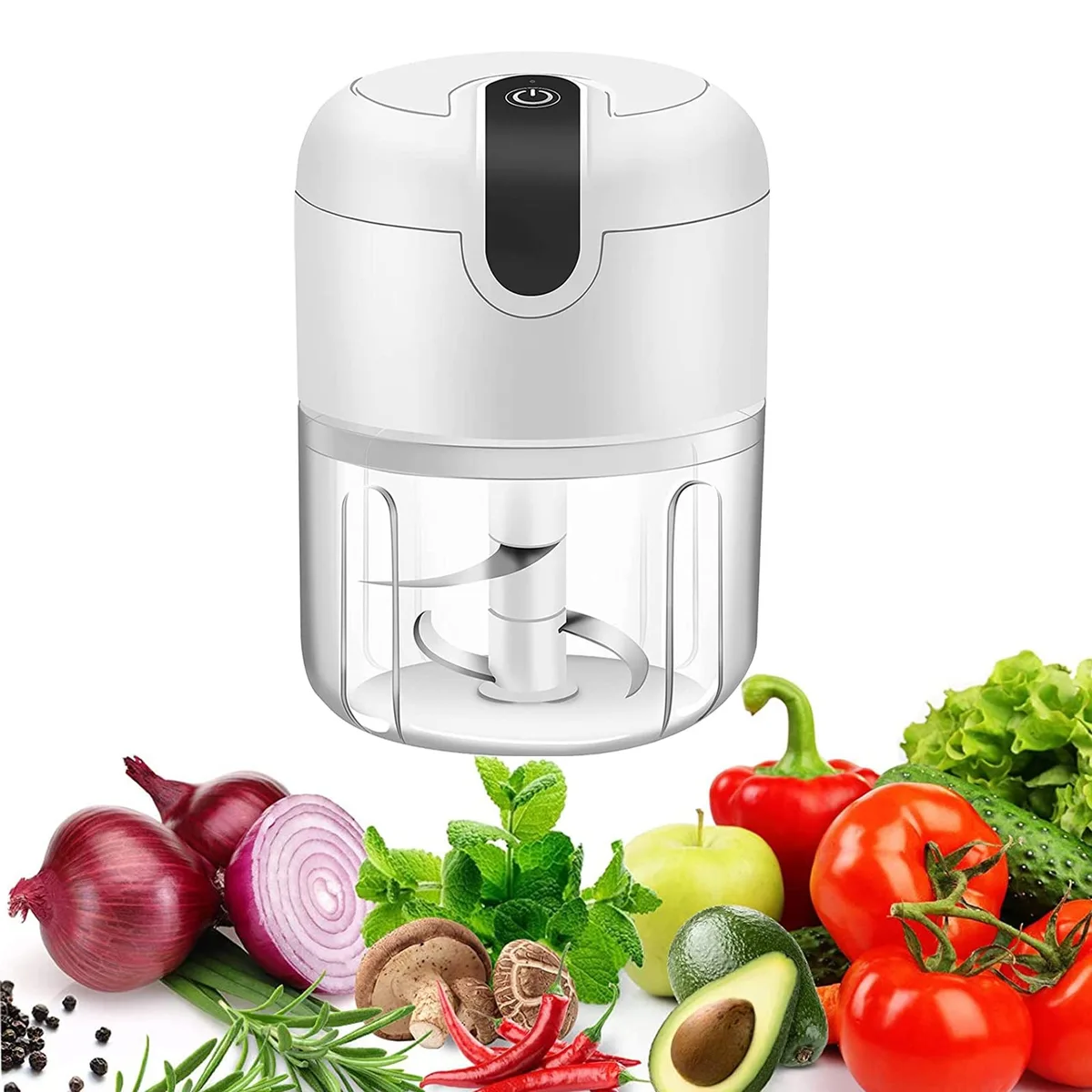 Small white electric food chopper with USB charging, 250ml capacity, compact cylindrical shape