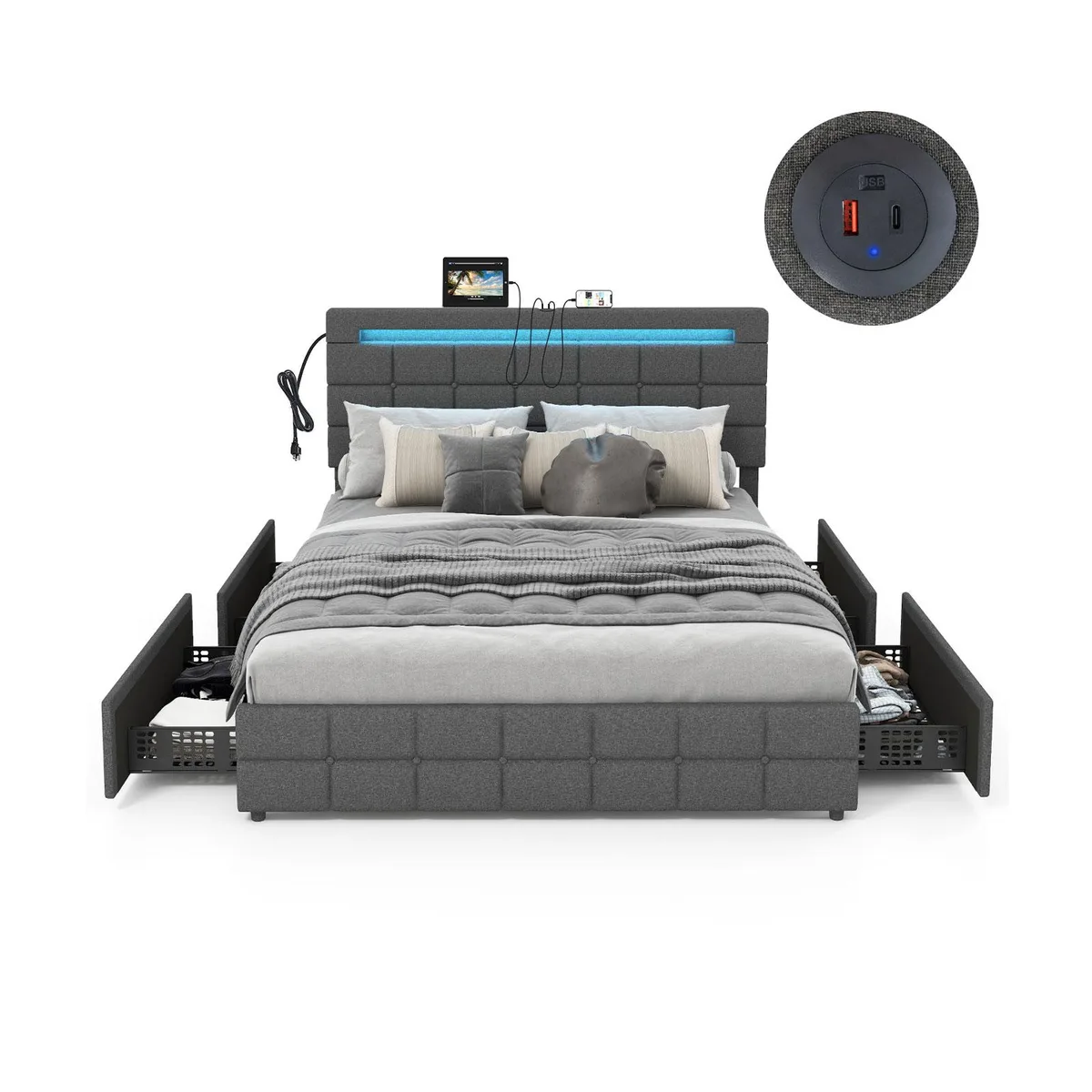 SlickBlue SlickBlue Upholstered LED Platform Bed Queen Gray 4 Drawers USB — product photo