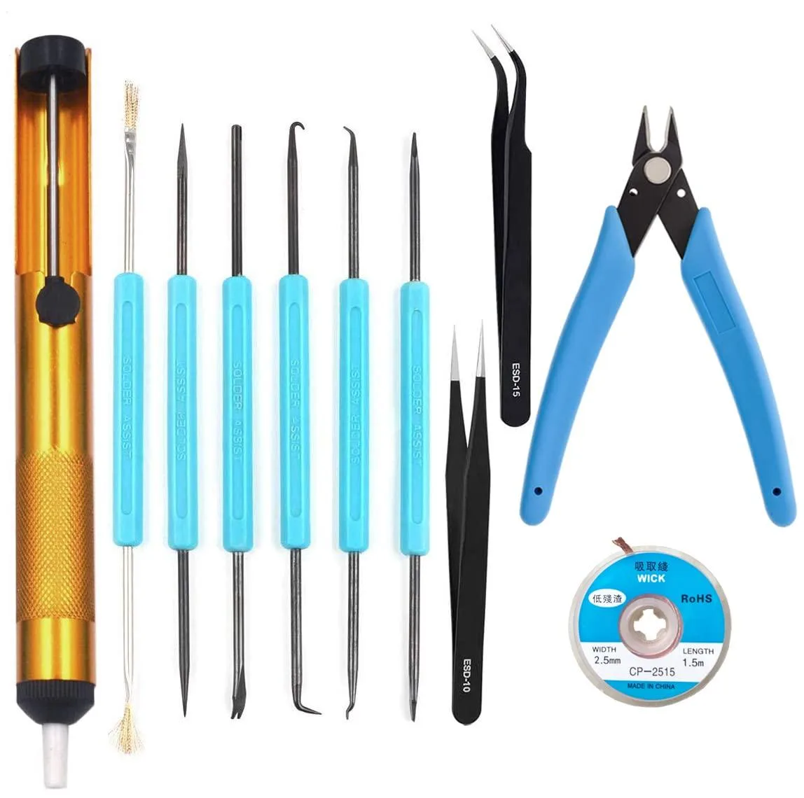 11-piece soldering kit with pump, wick, cutters and tweezers