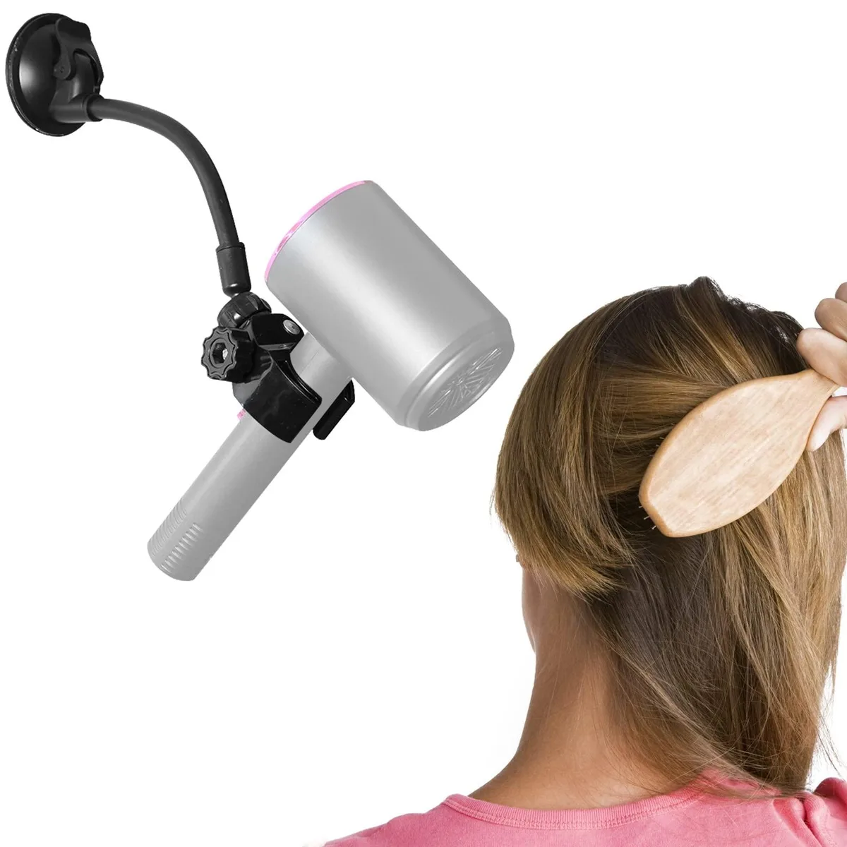 Black adjustable hair dryer stand with flexible arm, rotating clamp and suction cup base