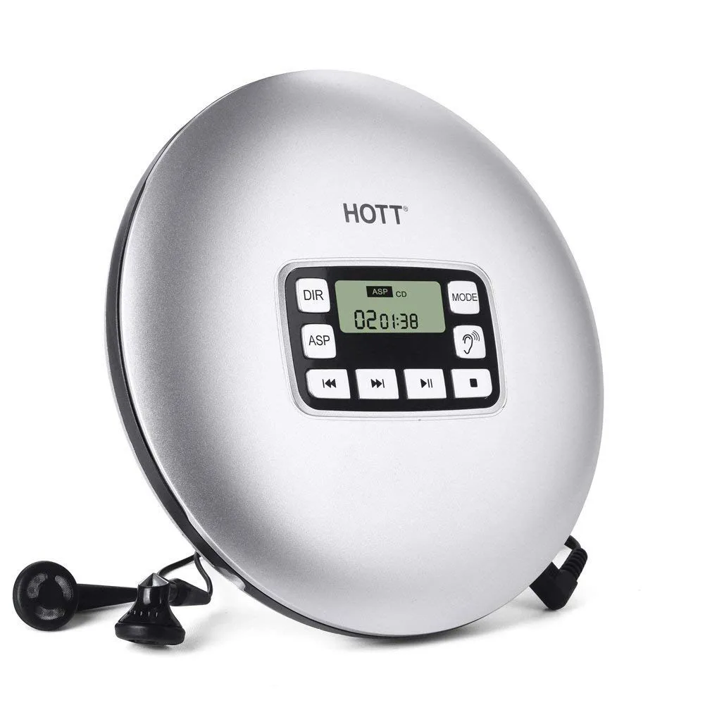 Silver portable CD player with LCD screen and included headphones