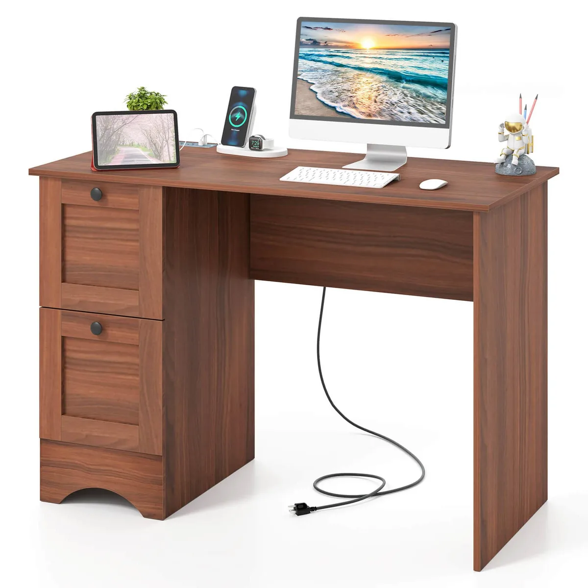 Walnut finish desk with built-in charging station and two drawers